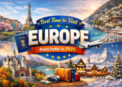 Best time to visit Europe from India in 2026 showing spring, summer, autumn and winter travel seasons with iconic European landmarks