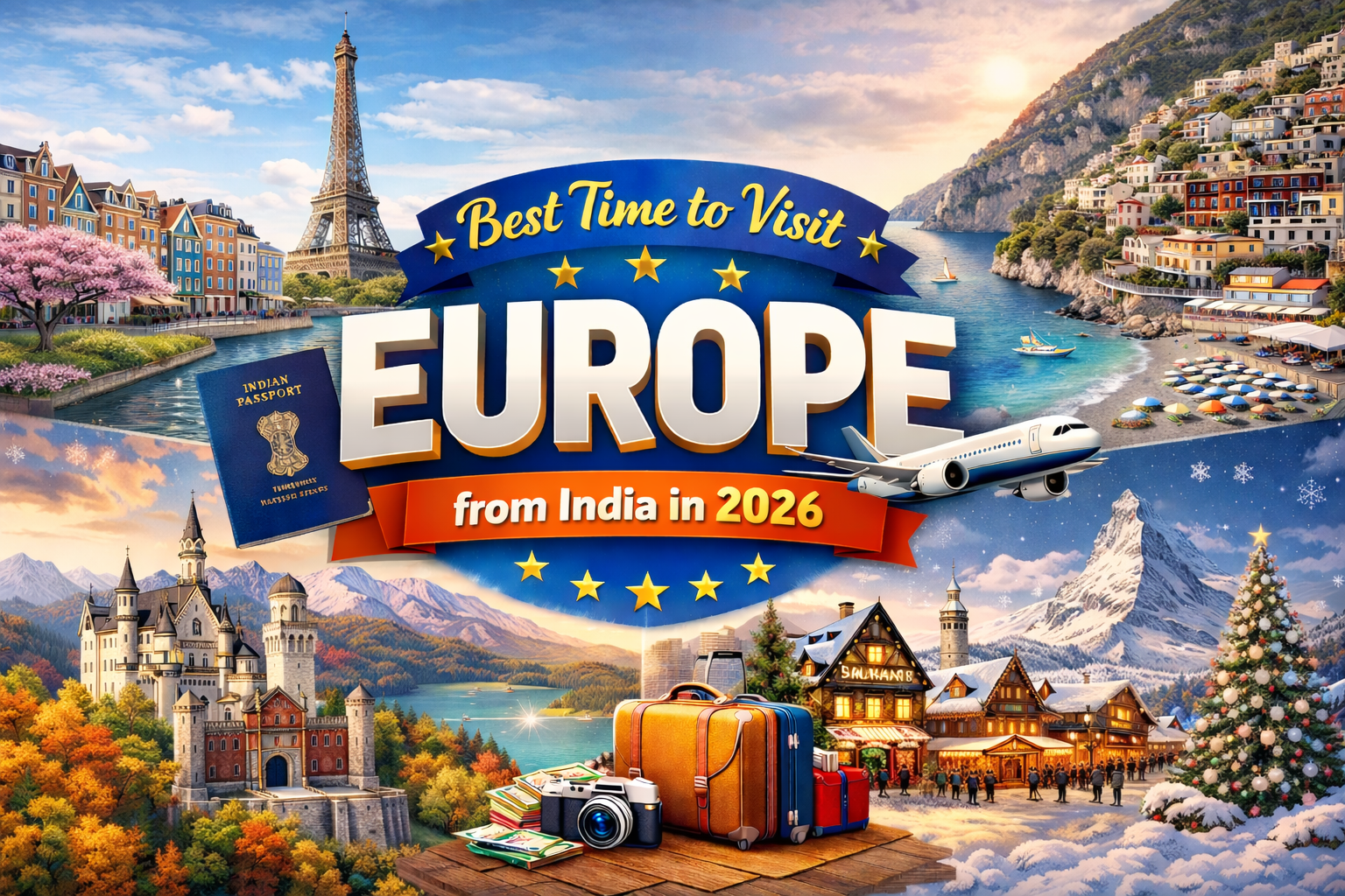 Best time to visit Europe from India in 2026 showing spring, summer, autumn and winter travel seasons with iconic European landmarks